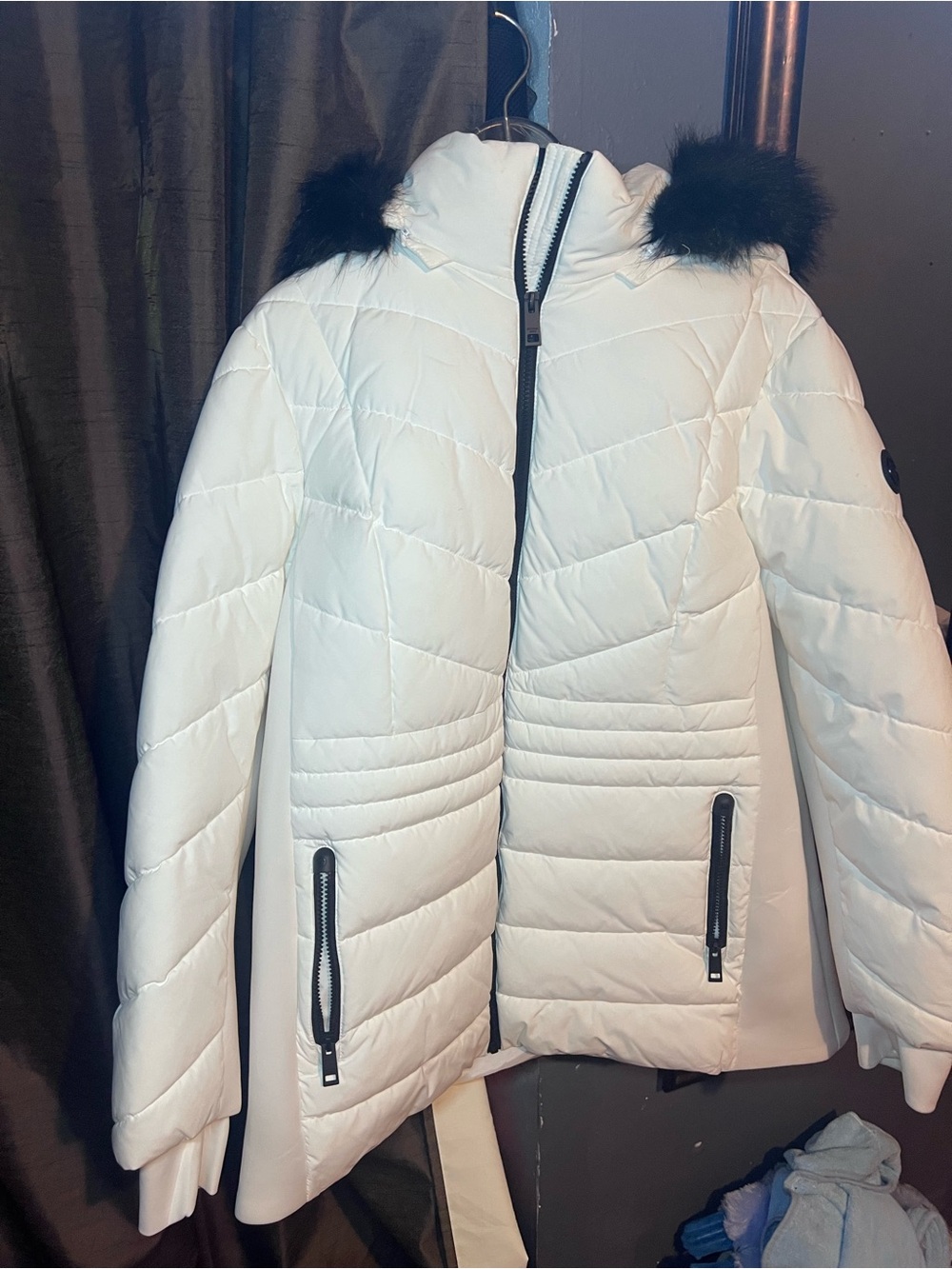 Michael Kors White Quilted Hooded Puffer with Black Faux-Fur Trim